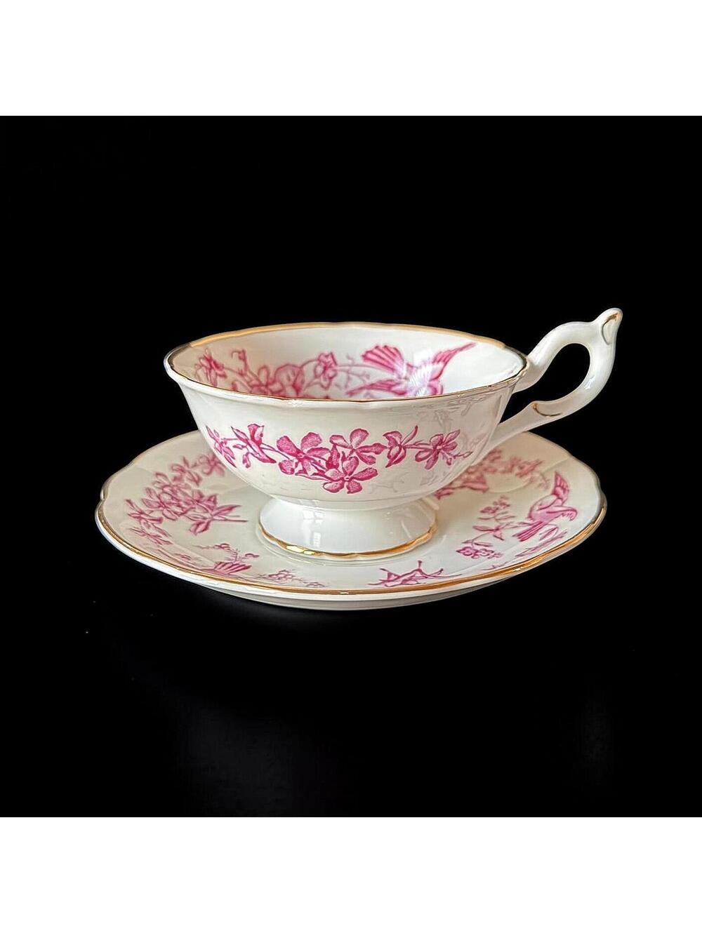 Vintage Coalport Pink Bird Teacup and  Saucer  -  Made In England - 10257